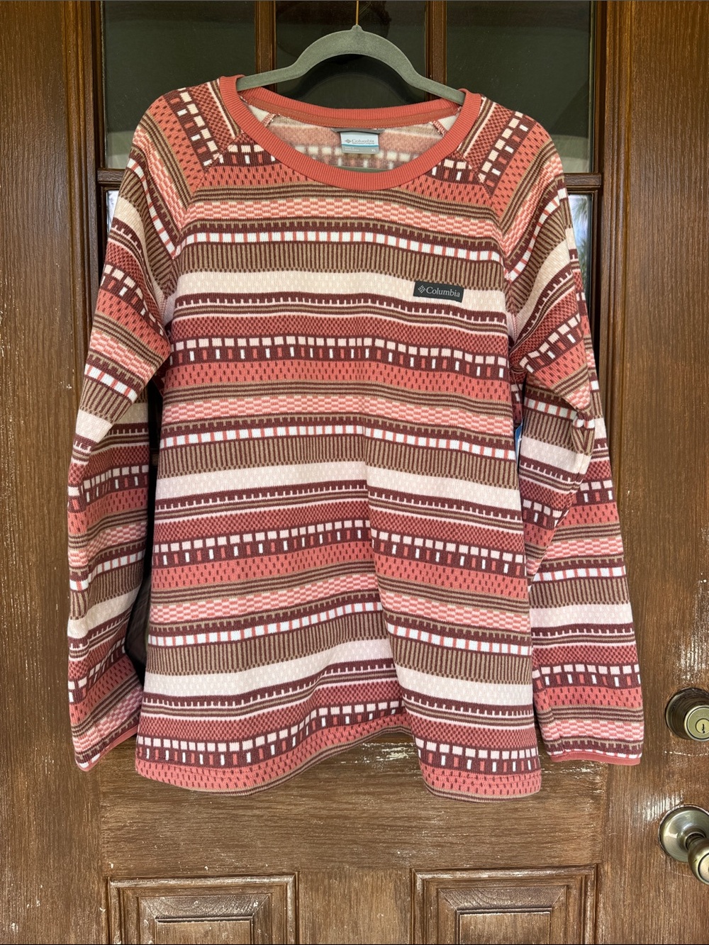 Columbia Women's Coral, Cream & Brown Striped Crew Neck Sweater